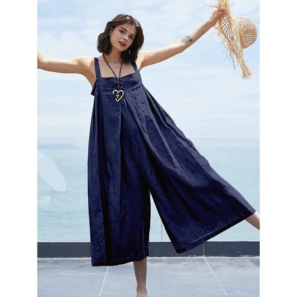 NEW Oversized Sleeveless Linen Blend Loose Jumpsuit Adjustable Strap M Navy Blue